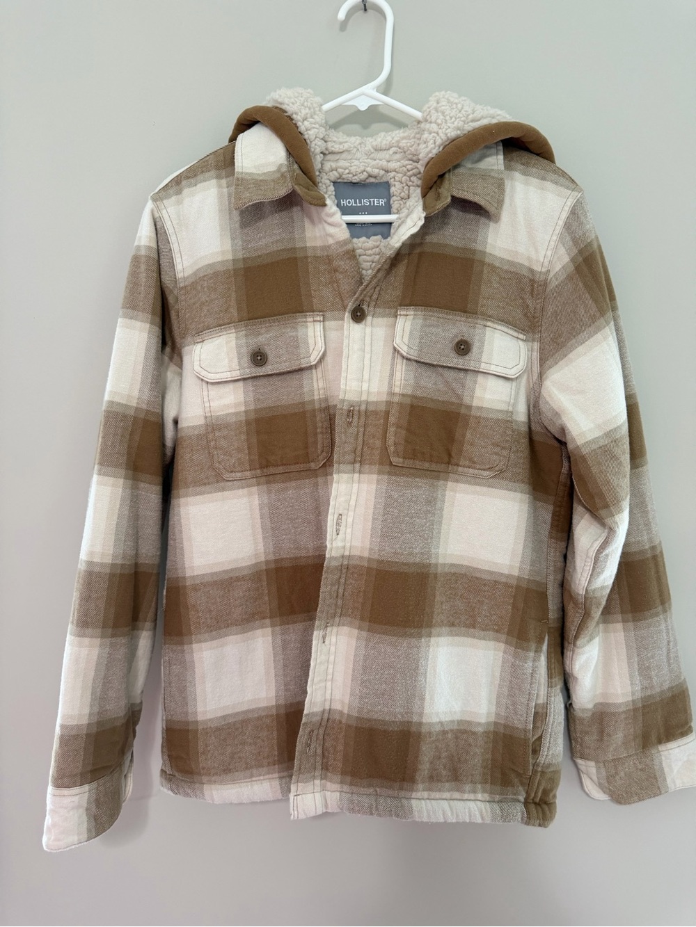 Hollister men’s small Brown Plaid Sherpa-Lined Hooded Jacket